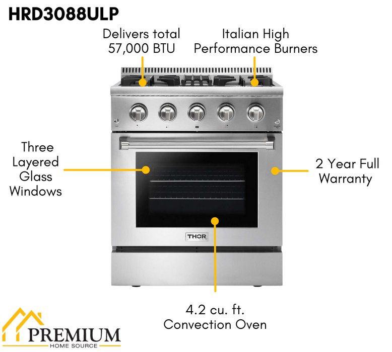 Thor Kitchen 30 in. Propane Gas Burner/Electric Oven Range in Stainless Steel, HRD3088ULP Thor Kitchen