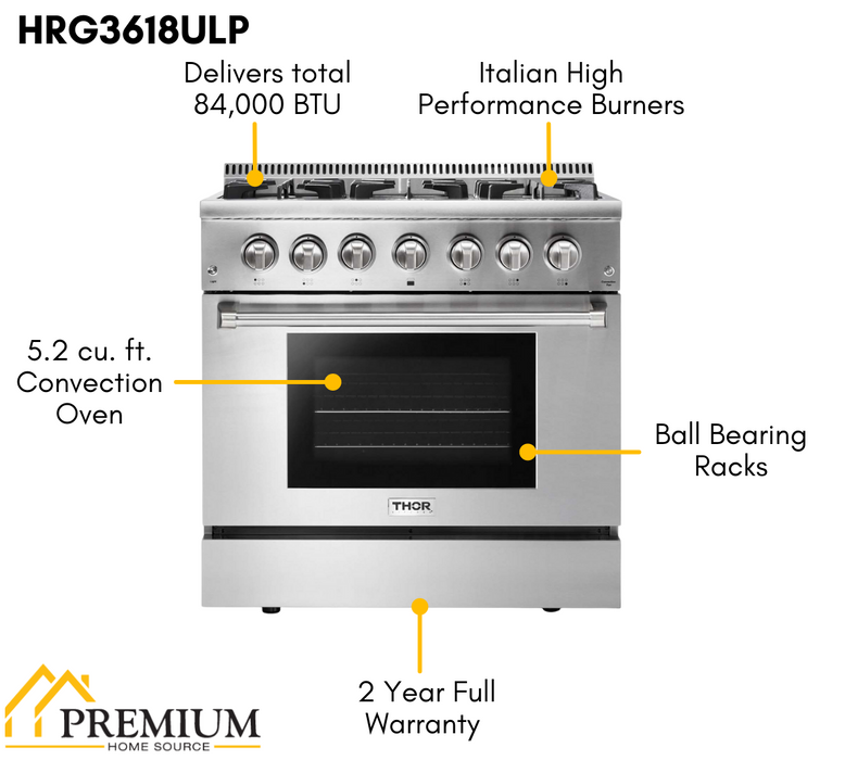 Thor Kitchen 36 in. 5.2 cu. ft. Professional Propane Gas Range in Stainless Steel, HRG3618ULP Thor Kitchen