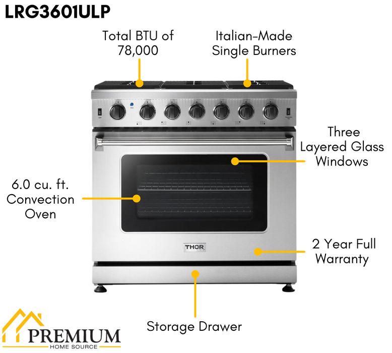 Thor Kitchen 36 in. 6.0 Cu. Ft Propane Gas Range in Stainless Steel, LRG3601ULP Thor Kitchen