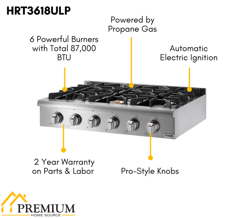 Thor Kitchen 36 in. Liquid Propane Gas Cooktop in Stainless Steel with 6 Burners, HRT3618ULP Thor Kitchen
