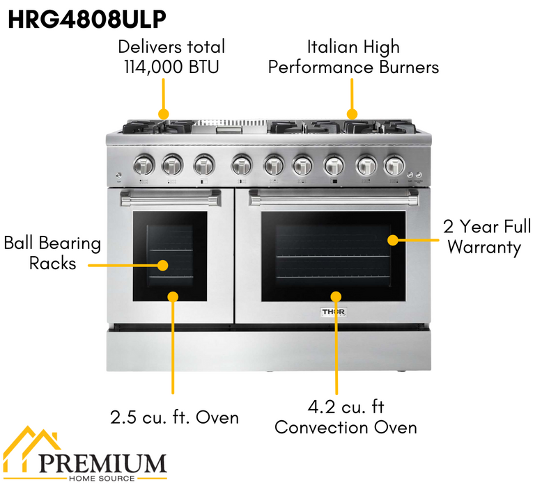 Thor Kitchen 48 in. 6.7 cu. ft. Professional Propane Gas Range in Stainless Steel, HRG4808ULP Thor Kitchen