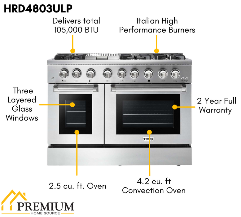 Thor Kitchen 48 in. Propane Gas Burner/Electric Oven 6.7 cu. ft. Range in Stainless Steel, HRD4803ULP Thor Kitchen