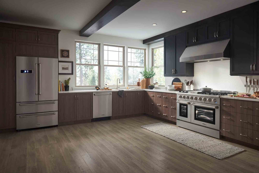 Thor Kitchen 48" Professional Gas Range With Double Oven HRG4808 Side View In Kitchen