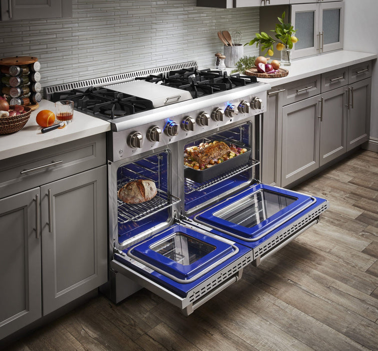 Thor Kitchen 48" Professional Gas Range With Double Oven HRG4808 Left Side View with Double Oven Opened In Kitchen 