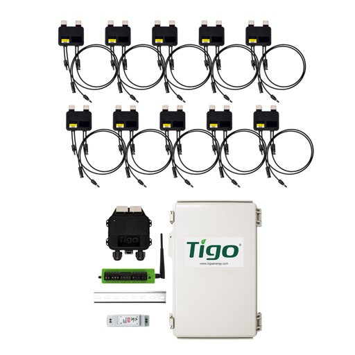 Tigo TS4-A-O - Optimization Monitoring and Rapid Shutdown Long Cable - 10 Pack - Tigo solar optimization bundle featuring ten TS4-A-O 725W module-level power optimizers, one Cloud Connect Advanced (CCA), one Tigo Access Point (TAP), outdoor-rated enc