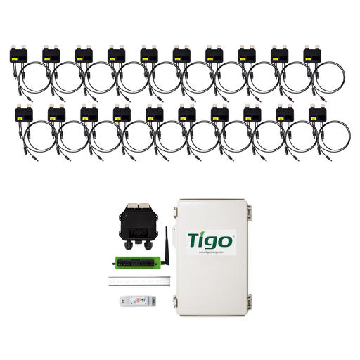 Tigo TS4-A-O - Optimization Monitoring and Rapid Shutdown Long Cable - 20 Pack - Tigo solar optimization bundle featuring twenty TS4-A-O 725W module-level power optimizers, one Cloud Connect Advanced (CCA), one Tigo Access Point (TAP), outdoor-rated 