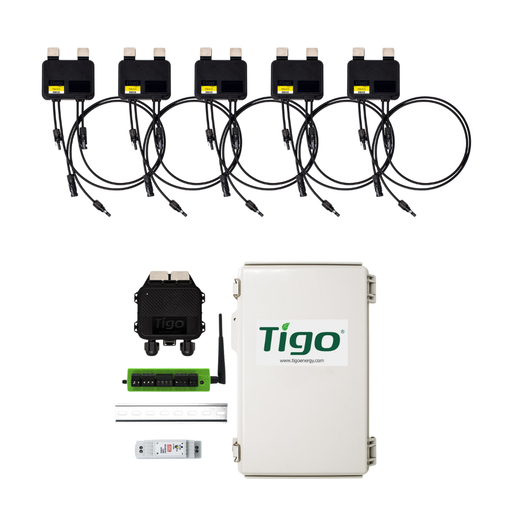 Tigo TS4-A-O - Optimization Monitoring and Rapid Shutdown Long Cable - 5 Pack - Tigo solar optimization bundle featuring five TS4-A-O 725W module-level power optimizers, one Cloud Connect Advanced (CCA), one Tigo Access Point (TAP), outdoor-rated enc