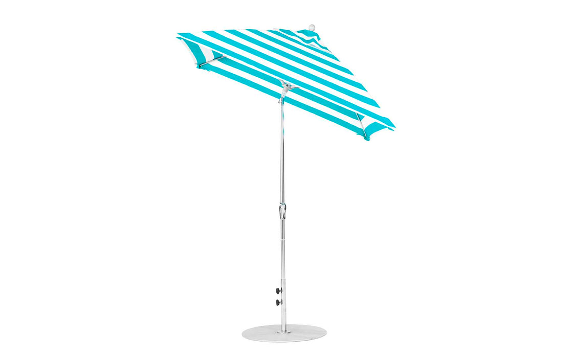 Ledge Lounger Essential Umbrella 6.5' Square Crank Auto Tilt — Silver Pole-Classic Ball Finial-R011 Turquoise Stripe Fabric