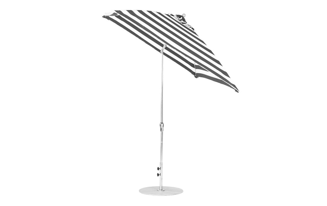 Ledge Lounger Essential Umbrella 7.5' Square Version 2 Crank Auto Tilt — Silver Pole-Classic Ball Finial-R017 Black Stripe Fabric