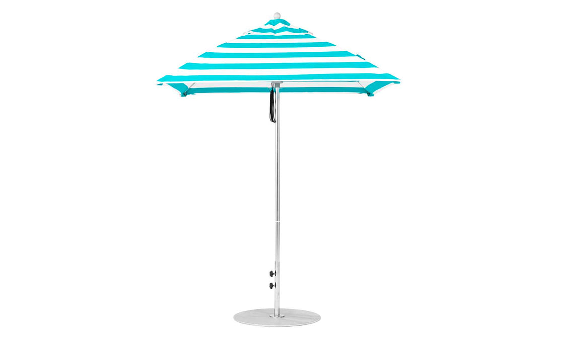 Ledge Lounger Essential Umbrella 6.5' Square Pulley — Silver Pole-Classic Ball Finial-R011 Turquoise Stripe Fabric