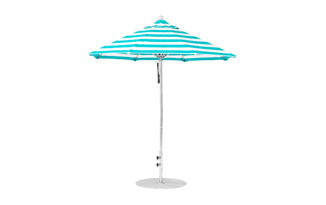 Ledge Lounger Essential Umbrella 7.5' Octagon Pulley — Silver Pole-Classic Ball Finial-R011 Turquoise Stripe Fabric