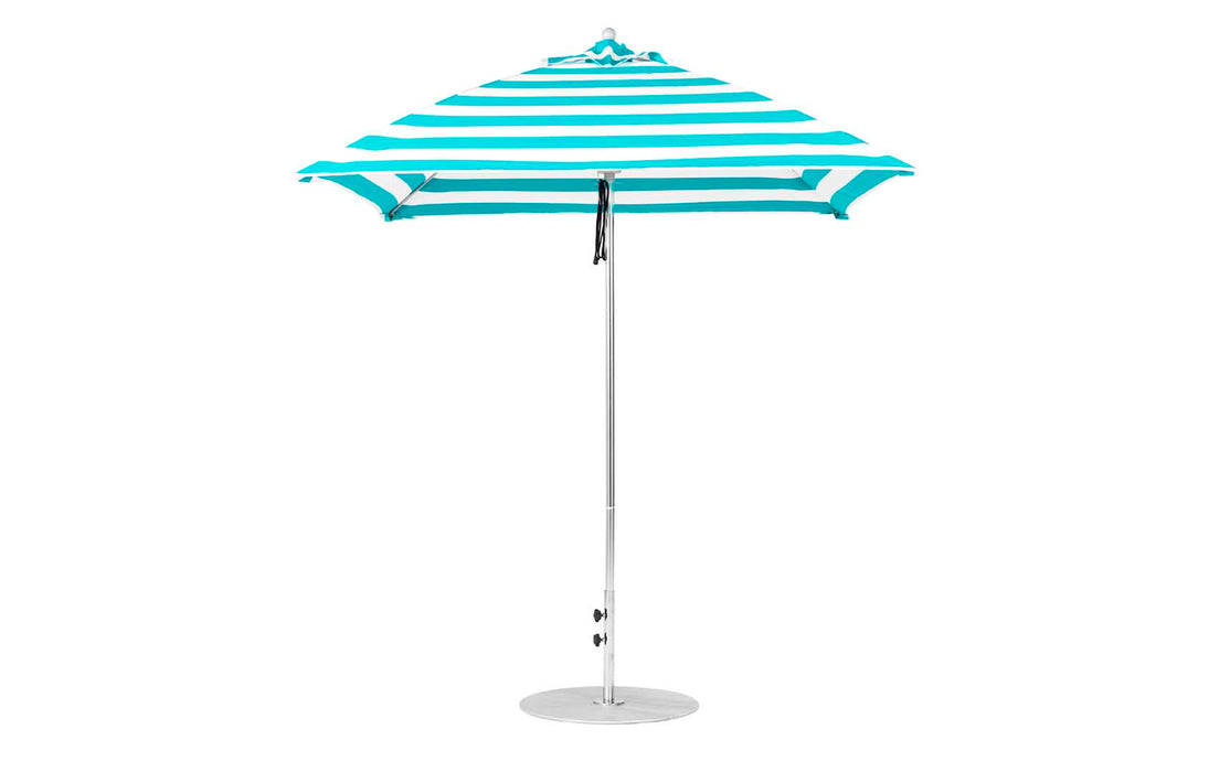 Ledge Lounger Essential Umbrella 7.5' Square Version 2 Pulley — Silver Pole-Classic Ball Finial-R011 Turquoise Stripe Fabric