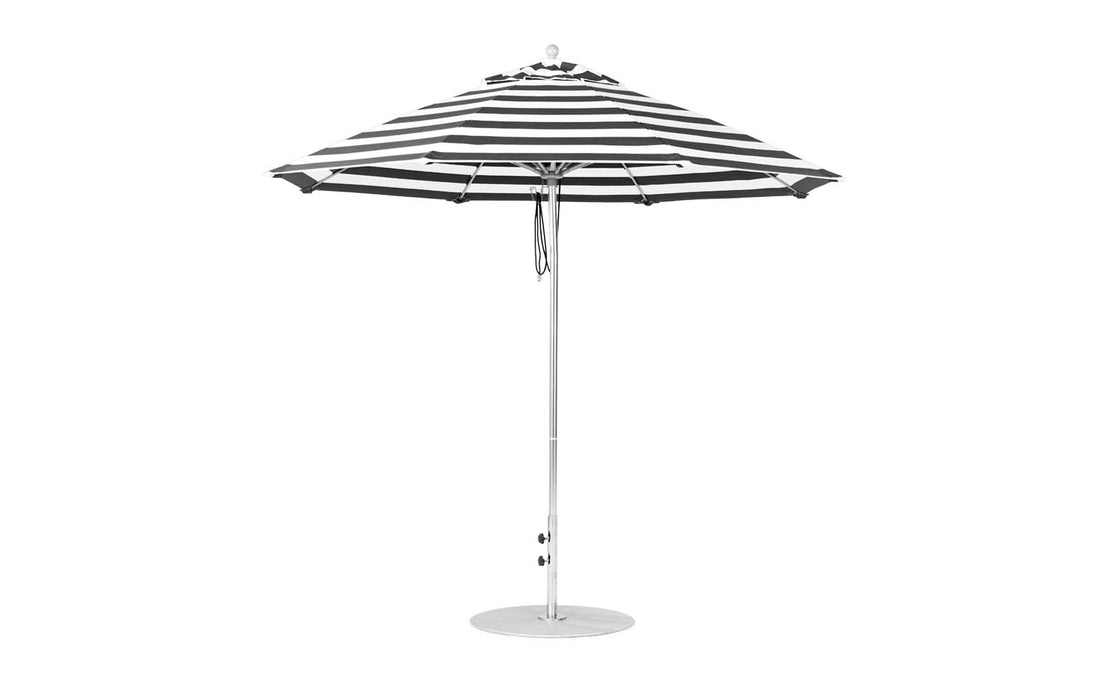 Ledge Lounger Essential Umbrella 9' Octagon Pulley — Silver Pole-Classic Ball Finial-R017 Black Stripe Fabric