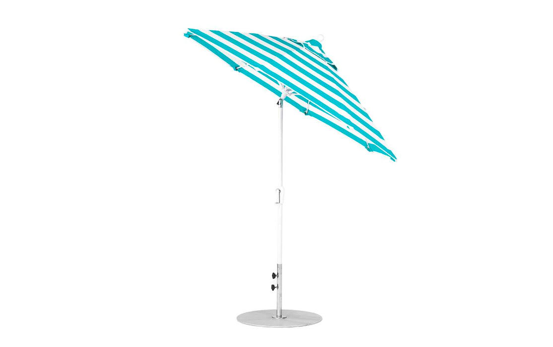 Ledge Lounger Essential Umbrella 7.5' Octagon Crank Auto Tilt — White Pole-Classic Ball Finial-R011 Turquoise Stripe Fabric