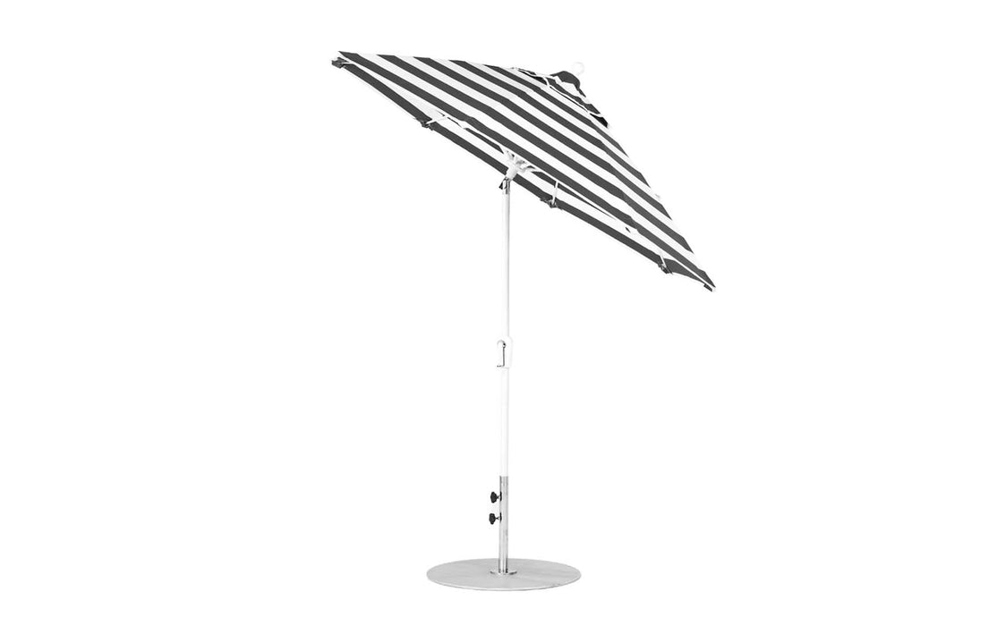 Ledge Lounger Essential Umbrella 7.5' Octagon Crank Auto Tilt — White Pole-Classic Ball Finial-R017 Black Stripe Fabric