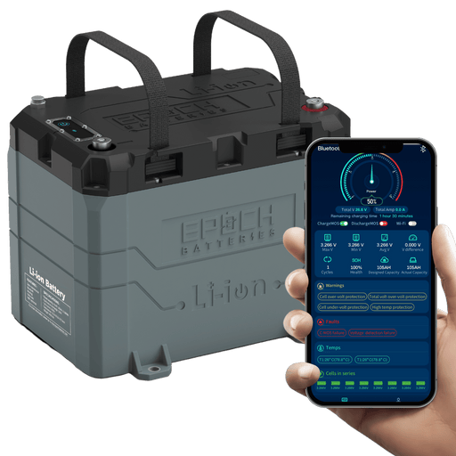 Epoch 24V 100Ah LiFePO4 battery — side profile