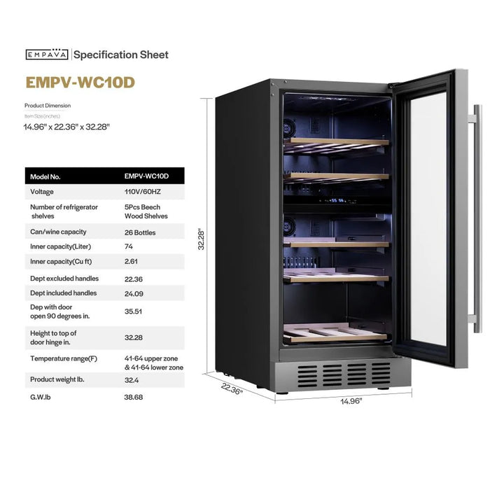 Empava EMPV-WC10D small dual zone wine fridge, 14.96 x 22.36 x 32.28 inches