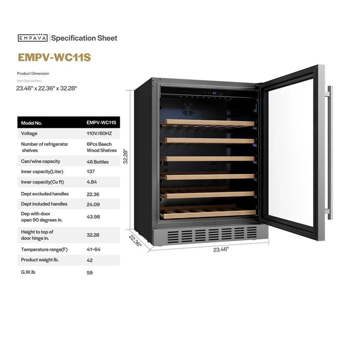 Empava EMPV-WC11S stainless steel under-counter wine cooler, 0.528 kWh per day