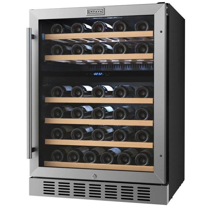 Empava EMPV-WC12D 46 bottle dual zone wine cooler, front view loaded with bottles in both zones