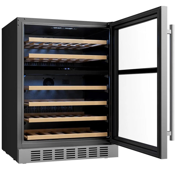 Empava 24 inch dual zone wine cooler EMPV-WC12D, angled view with the glass door open
