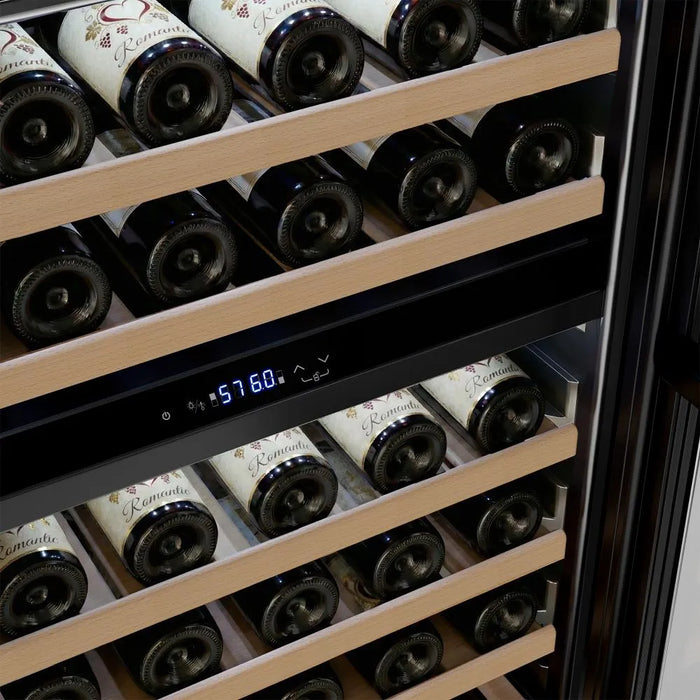 Close-up of bottles on the wood shelves and the zone temperature displays inside the Empava EMPV-WC12D