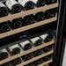 Close-up of bottles on the wood shelves and the zone temperature displays inside the Empava EMPV-WC12D