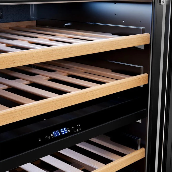 Wood shelf and lower zone control display detail inside the Empava EMPV-WC12D wine cooler