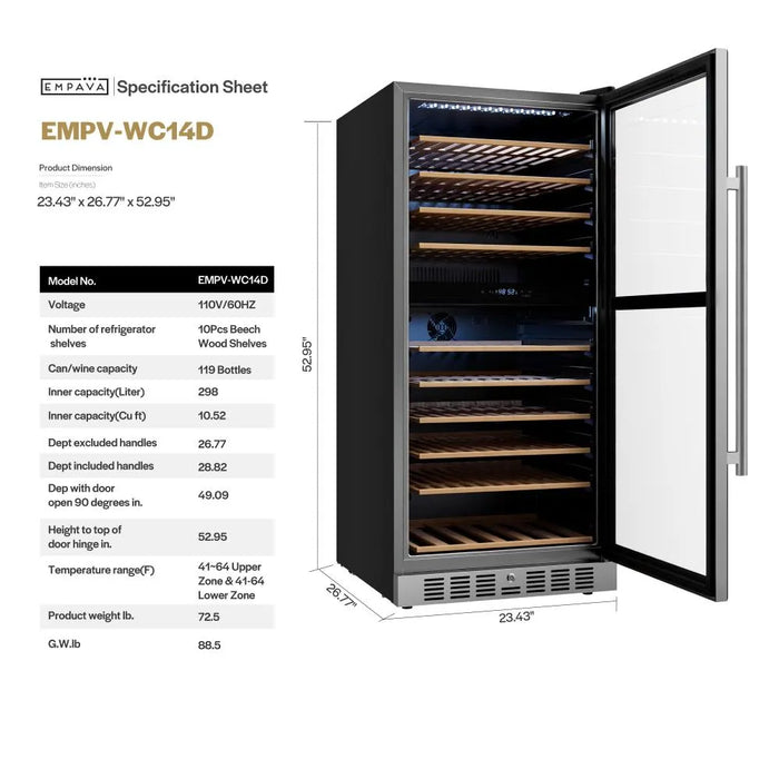 Empava EMPV-WC14D 53 inch tall dual zone wine cooler column for a dining room, cellar or home bar