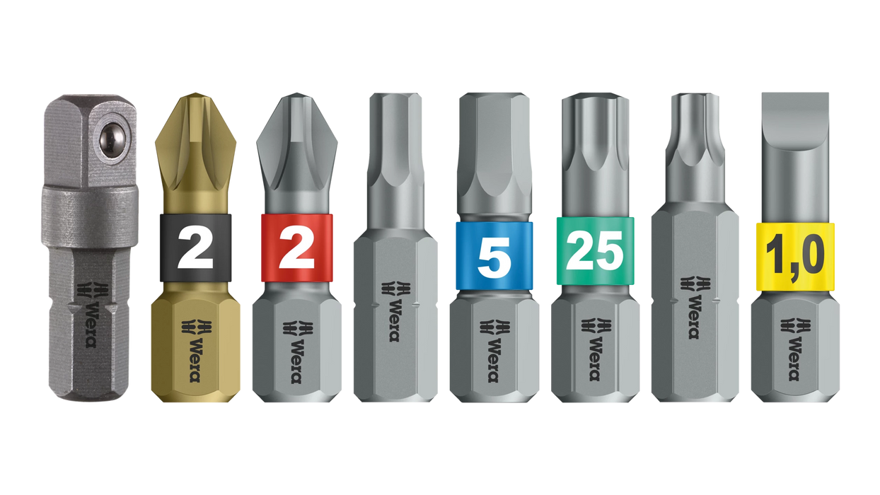 High quality photo of the Wera Tool-Check PLUS 1 Included Bits. Photo sourced by Current Connected from WERA Tools.
