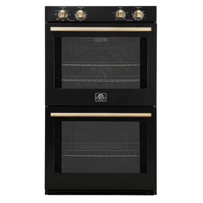 Forno 2-Piece Appliance Package - 30-Inch Vomero Double Wall Oven & 30-Inch Microwave Oven in Black with Antique Brass Handle