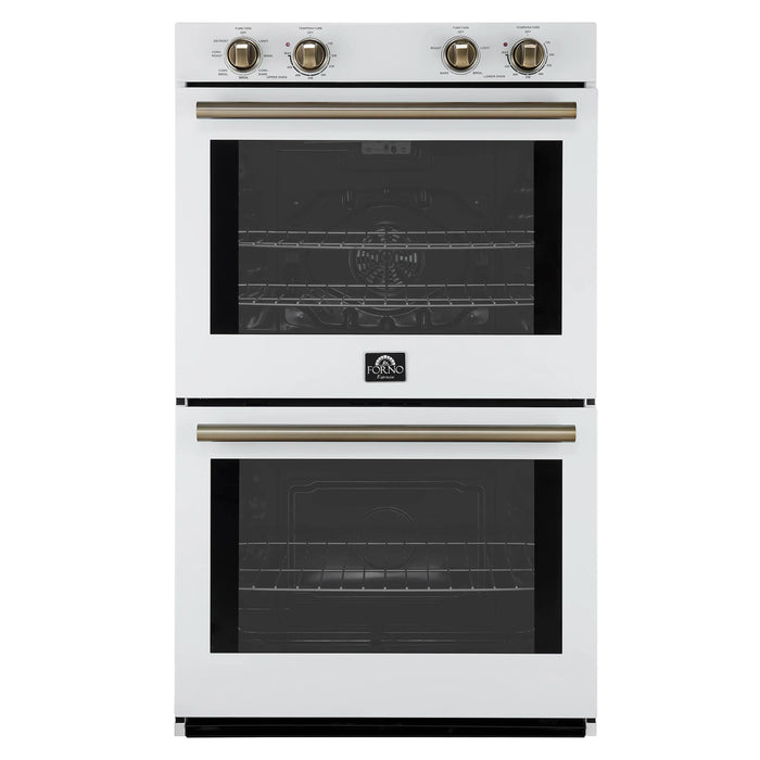 Forno 2-Piece Appliance Package - 30-Inch Vomero Double Wall Oven & 30-Inch Microwave Oven in White with Antique Brass Handle