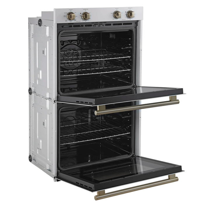 Forno 2-Piece Appliance Package - 30-Inch Vomero Double Wall Oven & 30-Inch Microwave Oven in White with Antique Brass Handle