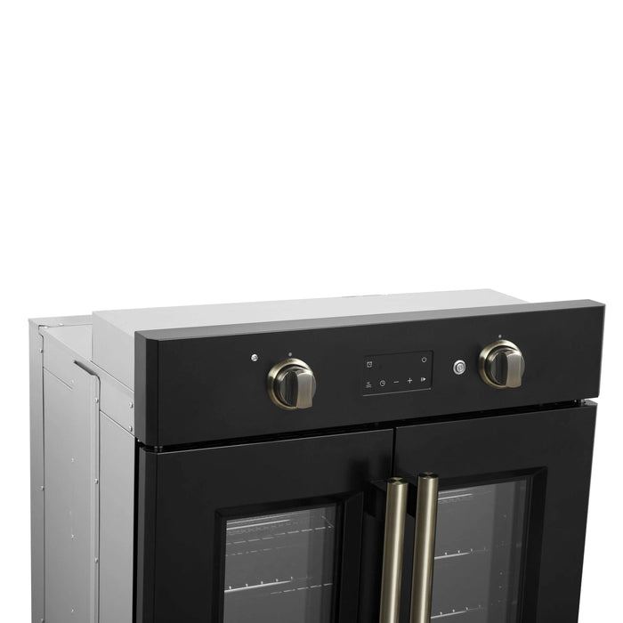 Forno Asti 30-Inch French Door Electric Wall Oven in Black with Antique Brass Trim (FBOEL1333-30BLK)