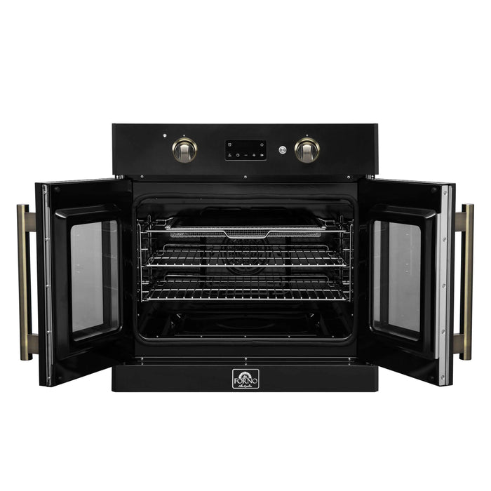 Forno Asti 30-Inch French Door Electric Wall Oven in Black with Antique Brass Trim (FBOEL1333-30BLK)