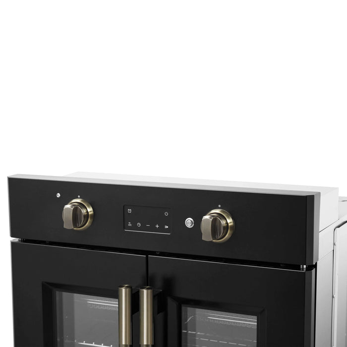 Forno Asti 30-Inch French Door Electric Wall Oven in Black with Antique Brass Trim (FBOEL1333-30BLK)