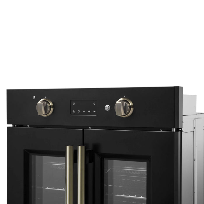 Forno Asti 30-Inch French Door Electric Wall Oven in Black with Antique Brass Trim (FBOEL1333-30BLK)