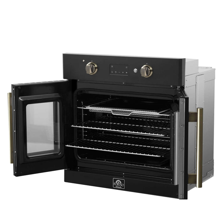Forno Asti 30-Inch French Door Electric Wall Oven in Black with Antique Brass Trim (FBOEL1333-30BLK)