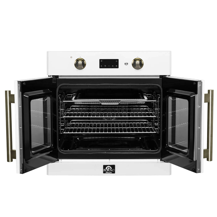Forno Asti 30-Inch French Door Electric Wall Oven in White with Antique Brass Handles (FBOEL1333-30WHT)