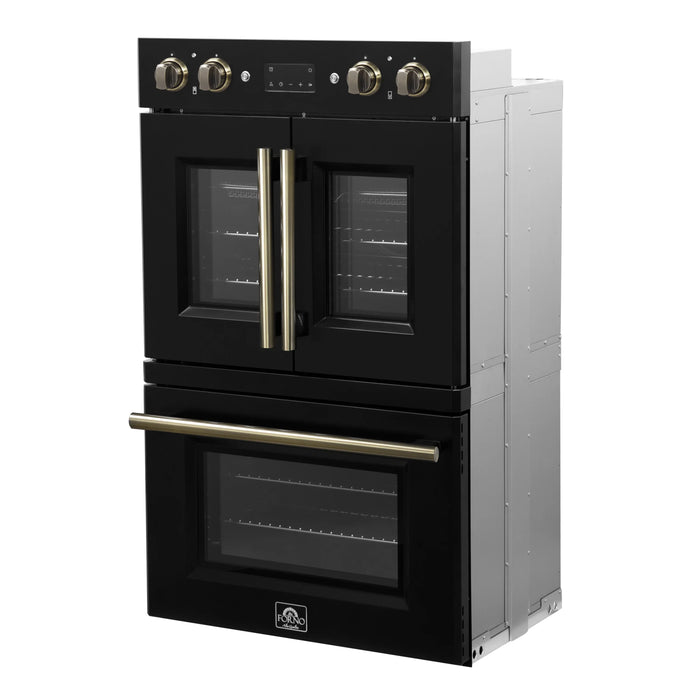 Forno Asti 30-Inch Double Electric Wall Oven with Upper French Doors in Black with Antique Brass Trim (FBOEL1340-30BLK)
