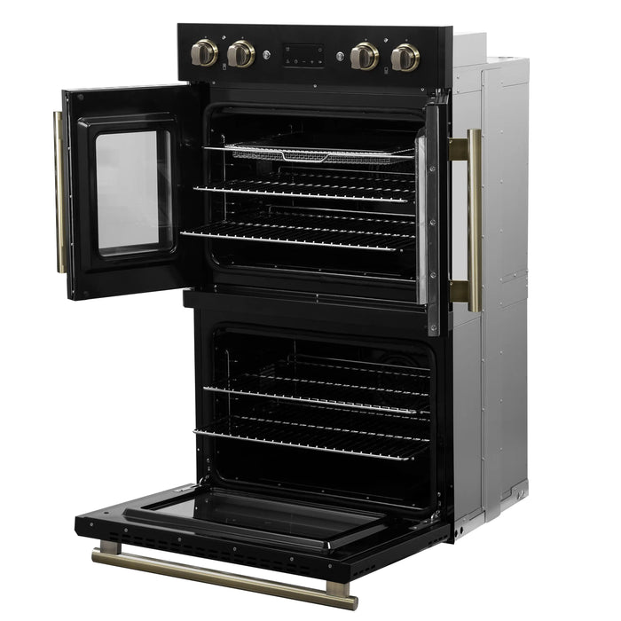 Forno Asti 30-Inch Double Electric Wall Oven with Upper French Doors in Black with Antique Brass Trim (FBOEL1340-30BLK)