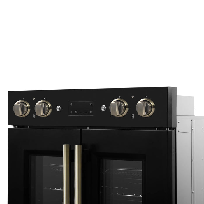Forno Asti 30-Inch Double Electric Wall Oven with Upper French Doors in Black with Antique Brass Trim (FBOEL1340-30BLK)
