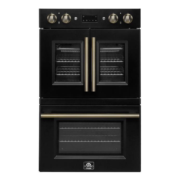 Forno Asti 30-Inch Double Electric Wall Oven with Upper French Doors in Black with Antique Brass Trim (FBOEL1340-30BLK)