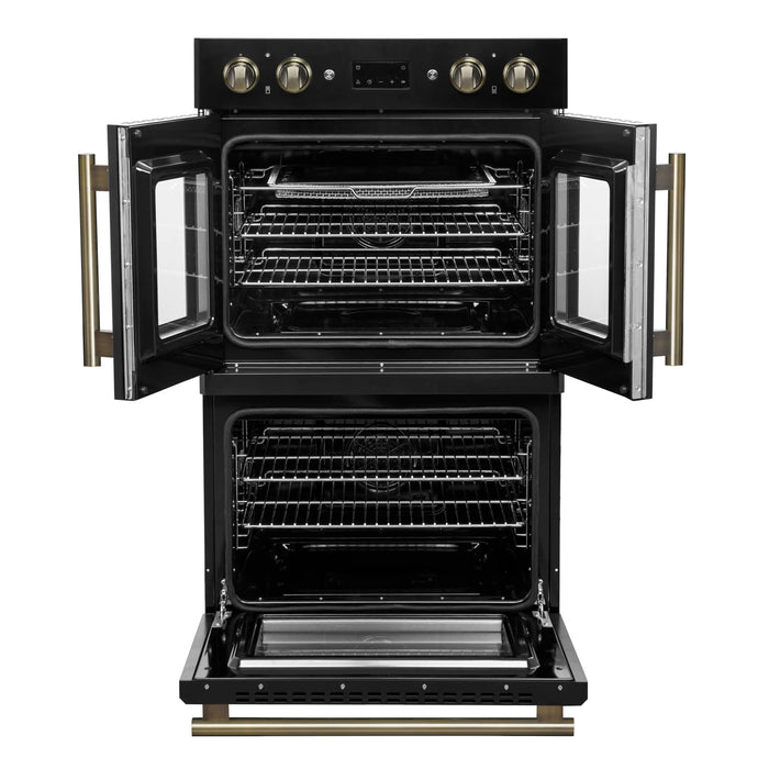 Forno Asti 30-Inch Double Electric Wall Oven with Upper French Doors in Black with Antique Brass Trim (FBOEL1340-30BLK)