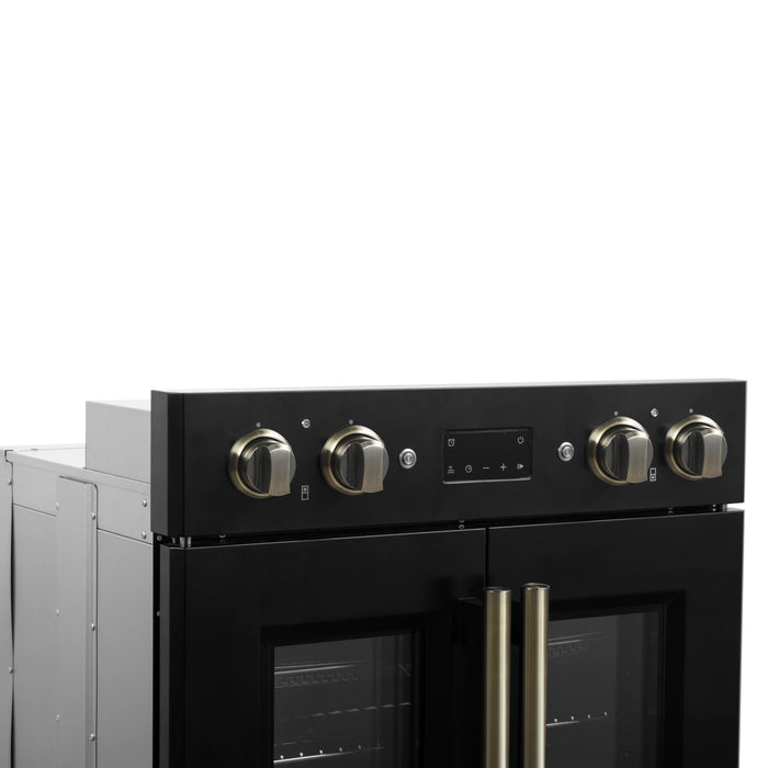 Forno Asti 30-Inch Double Electric Wall Oven with Upper French Doors in Black with Antique Brass Trim (FBOEL1340-30BLK)