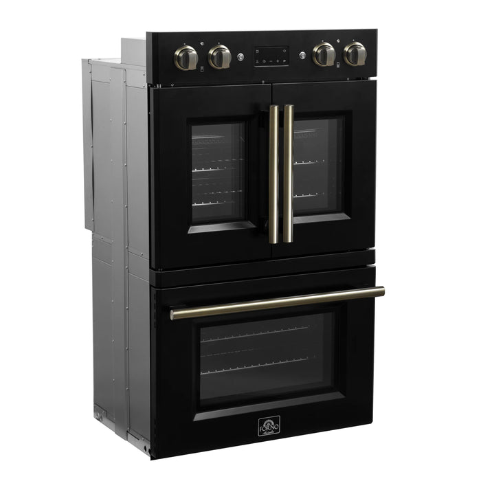 Forno Asti 30-Inch Double Electric Wall Oven with Upper French Doors in Black with Antique Brass Trim (FBOEL1340-30BLK)