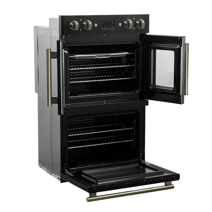 Forno Asti 30-Inch Double Electric Wall Oven with Upper French Doors in Black with Antique Brass Trim (FBOEL1340-30BLK)