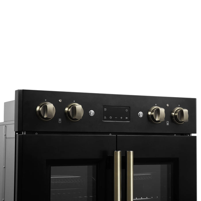 Forno Asti 30-Inch Double Electric Wall Oven with Upper French Doors in Black with Antique Brass Trim (FBOEL1340-30BLK)