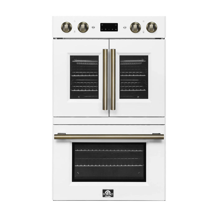 Forno Asti 30-Inch Double Electric Wall Oven with Upper French Doors in White with Antique Brass Trim (FBOEL1340-30WHT)