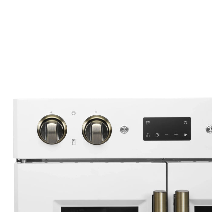 Forno Asti 30-Inch Double Electric Wall Oven with Upper French Doors in White with Antique Brass Trim (FBOEL1340-30WHT)