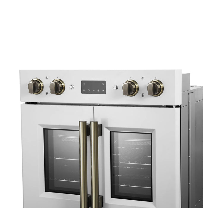Forno Asti 30-Inch Double Electric Wall Oven with Upper French Doors in White with Antique Brass Trim (FBOEL1340-30WHT)